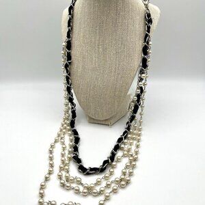 Multi-Strand Faux Pearl Necklace Black Ribbon & Silver Chain Layered Statement